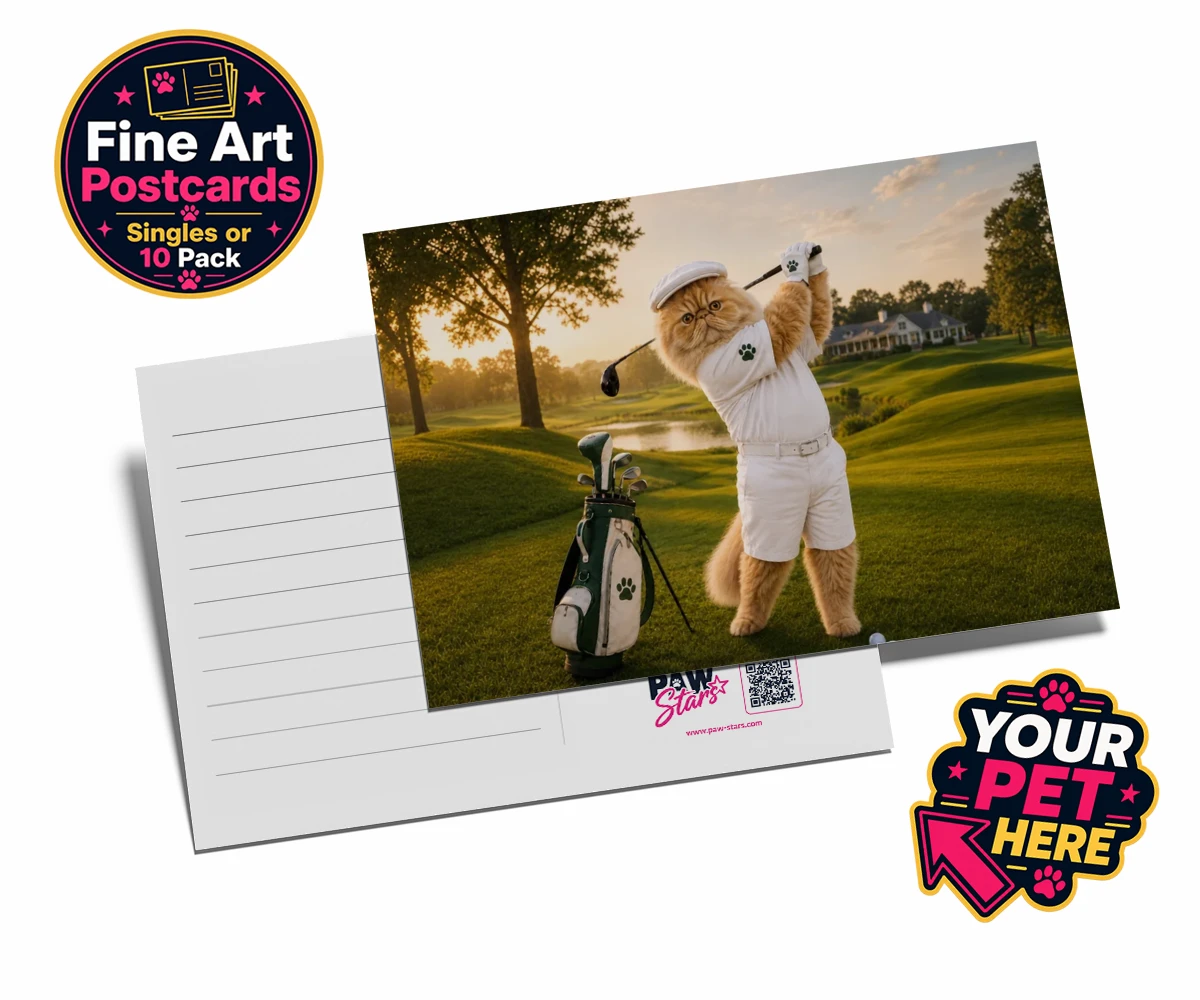 Personalised Paw Golfer cat postcards featuring meet Paw Golfer, the charming feline star of the golf course, striking