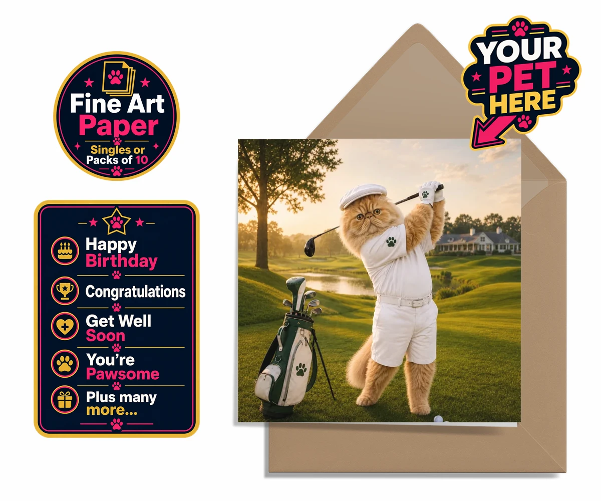 Personalised Paw Golfer cat premium greetings cards featuring meet Paw Golfer, the charming feline star of the golf course, striking