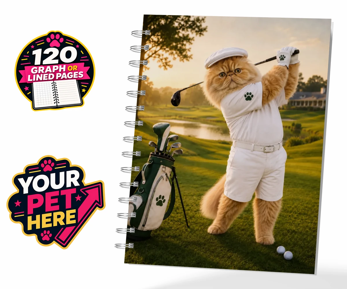 Personalised Paw Golfer cat spiral notebook featuring meet Paw Golfer, the charming feline star of the golf course, striking