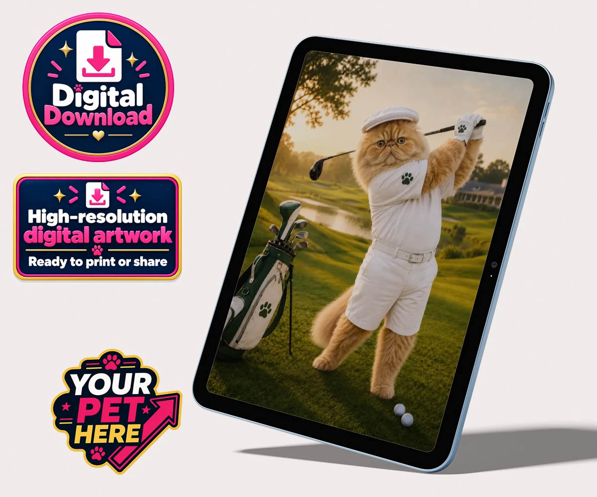 Personalised digital portrait of Paw Golfer the cat in a white polo and shorts with a golf club, set against a sunset backdrop