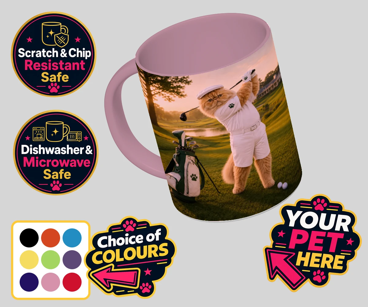 Personalised Paw Golfer cat coloured photo mugs featuring meet Paw Golfer, the charming feline star of the golf course, striking