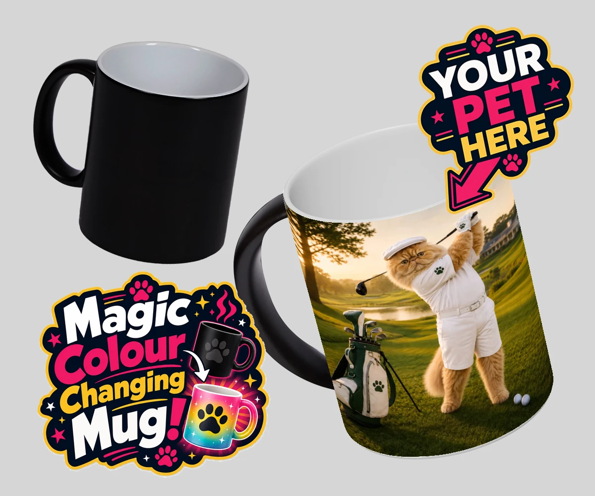 Personalised Paw Golfer cat magic photo mugs featuring meet Paw Golfer, the charming feline star of the golf course, striking