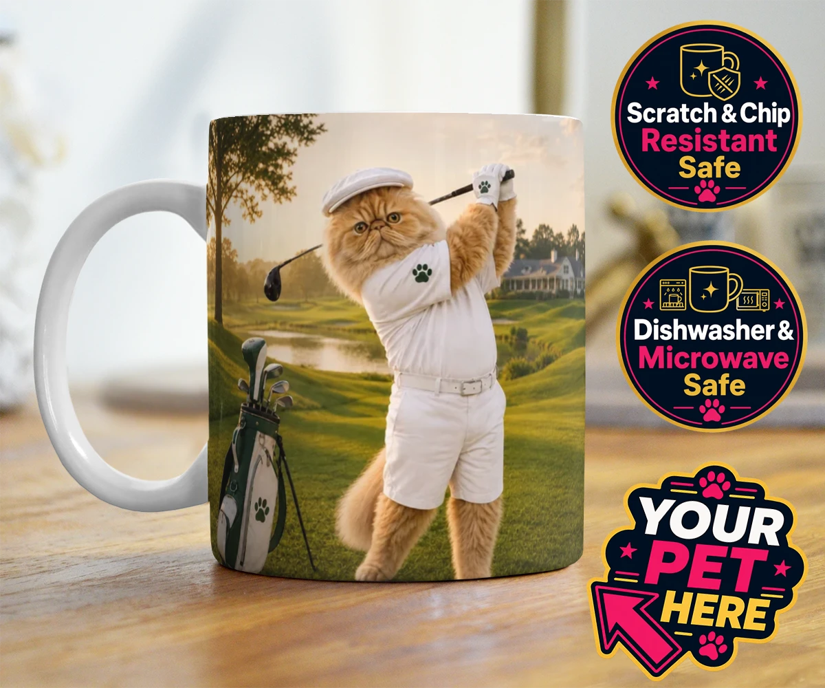 Personalised Paw Golfer cat photo mugs featuring meet Paw Golfer, the charming feline star of the golf course, striking