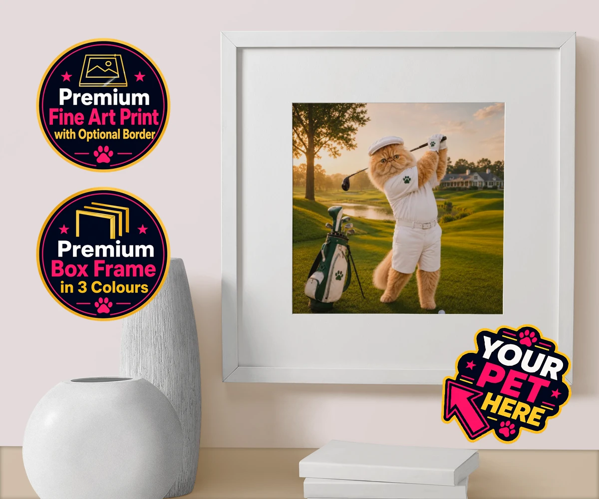 Personalised Paw Golfer cat box framed print featuring meet Paw Golfer, the charming feline star of the golf course, striking