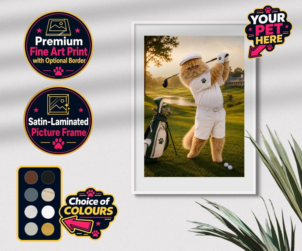 Personalised Paw Golfer cat premium framed print featuring meet Paw Golfer, the charming feline star of the golf course, striking