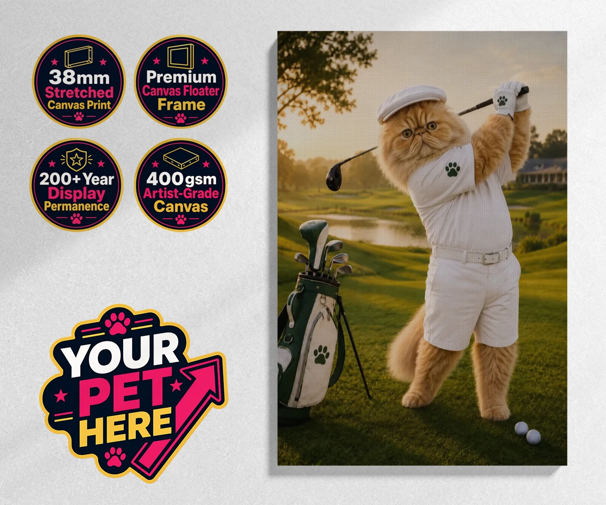 Personalised Paw Golfer cat stretched canvas print featuring meet Paw Golfer, the charming feline star of the golf course, striking