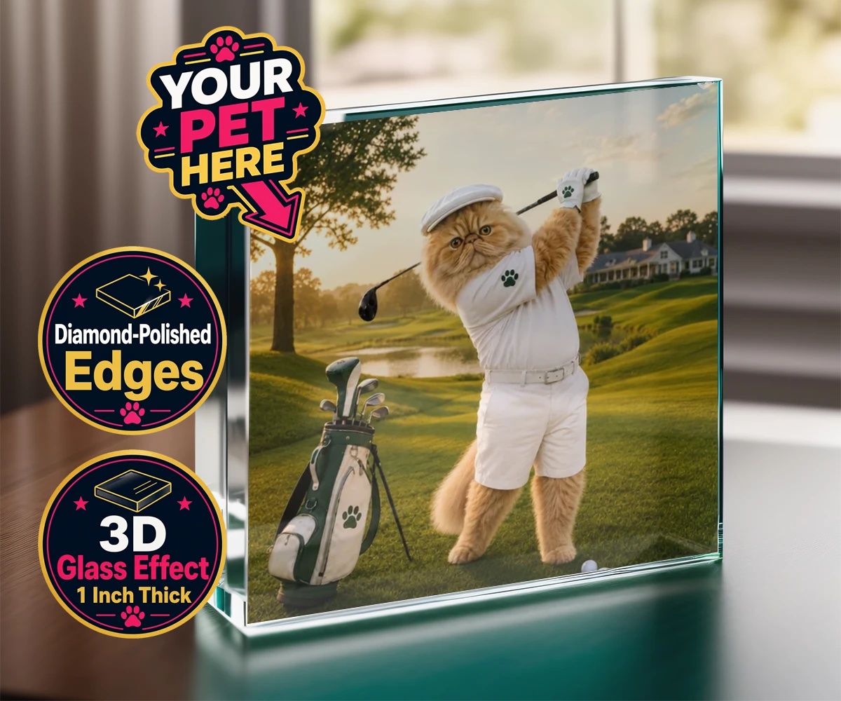 Personalised Paw Golfer cat acrylic prisms featuring meet Paw Golfer, the charming feline star of the golf course, striking