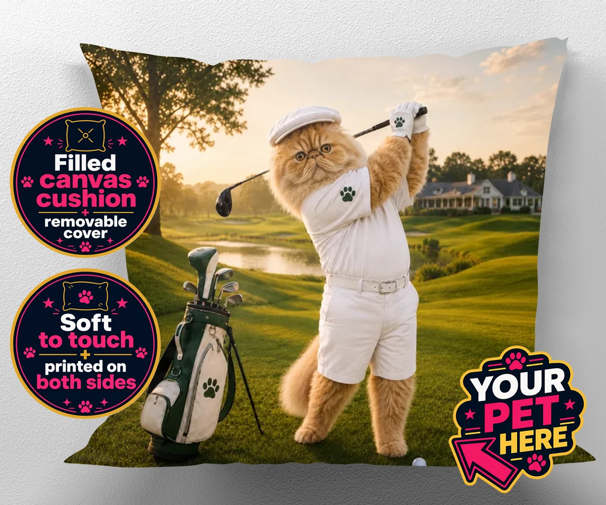 Personalised Paw Golfer cat canvas cushions featuring meet Paw Golfer, the charming feline star of the golf course, striking