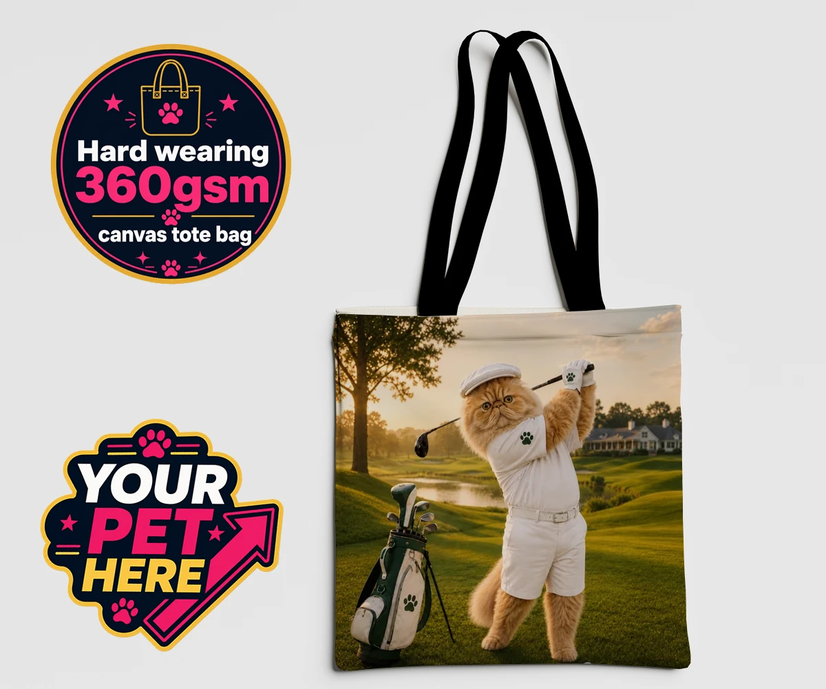 Personalised Paw Golfer cat canvas tote bags featuring meet Paw Golfer, the charming feline star of the golf course, striking