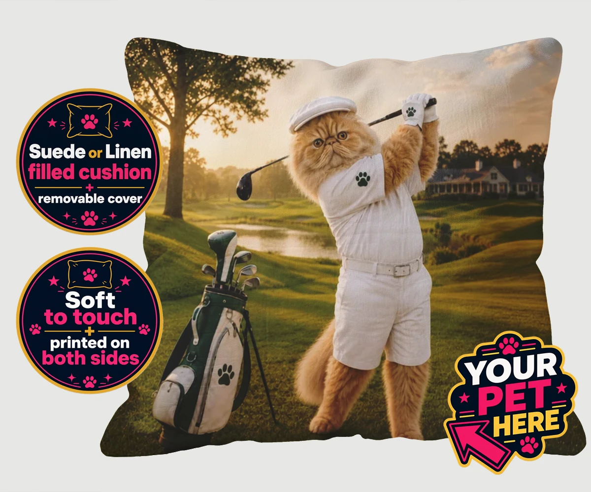 Personalised Paw Golfer cat cushions featuring meet Paw Golfer, the charming feline star of the golf course, striking