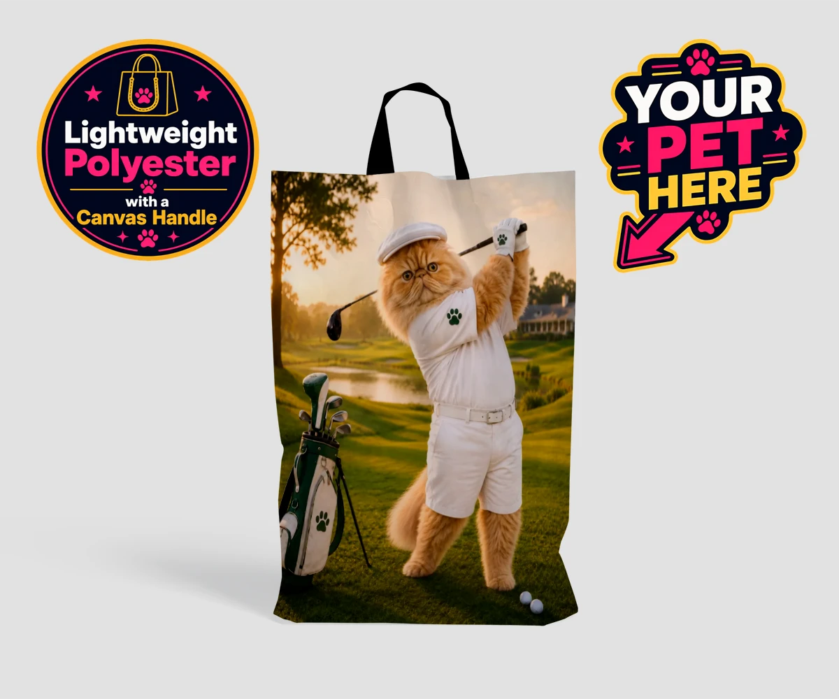 Personalised Paw Golfer cat shopping bags featuring meet Paw Golfer, the charming feline star of the golf course, striking