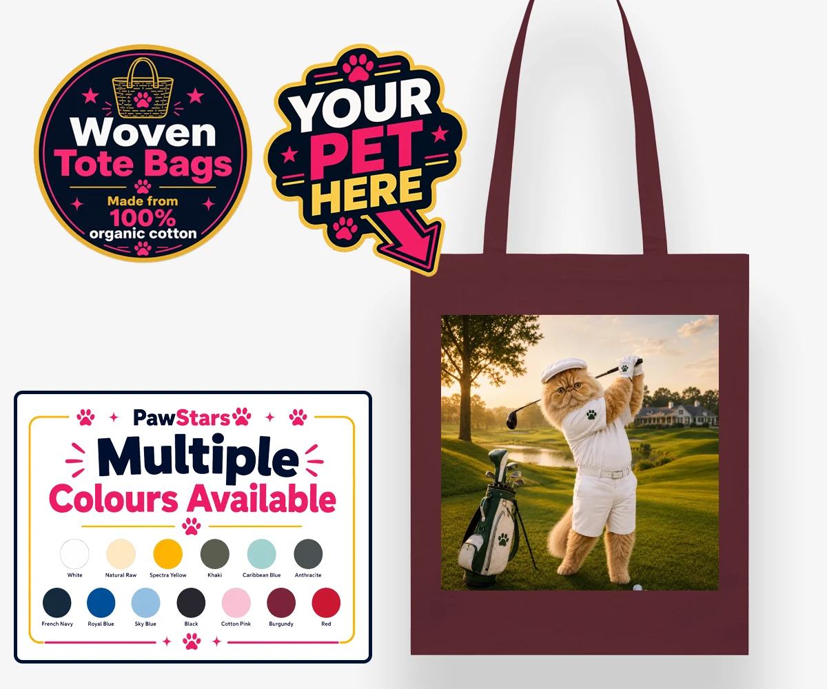 Personalised Paw Golfer cat woven tote bags featuring meet Paw Golfer, the charming feline star of the golf course, striking