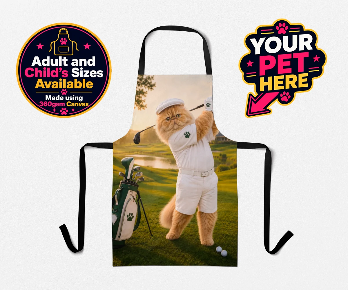 Personalised Paw Golfer cat aprons featuring meet Paw Golfer, the charming feline star of the golf course, striking