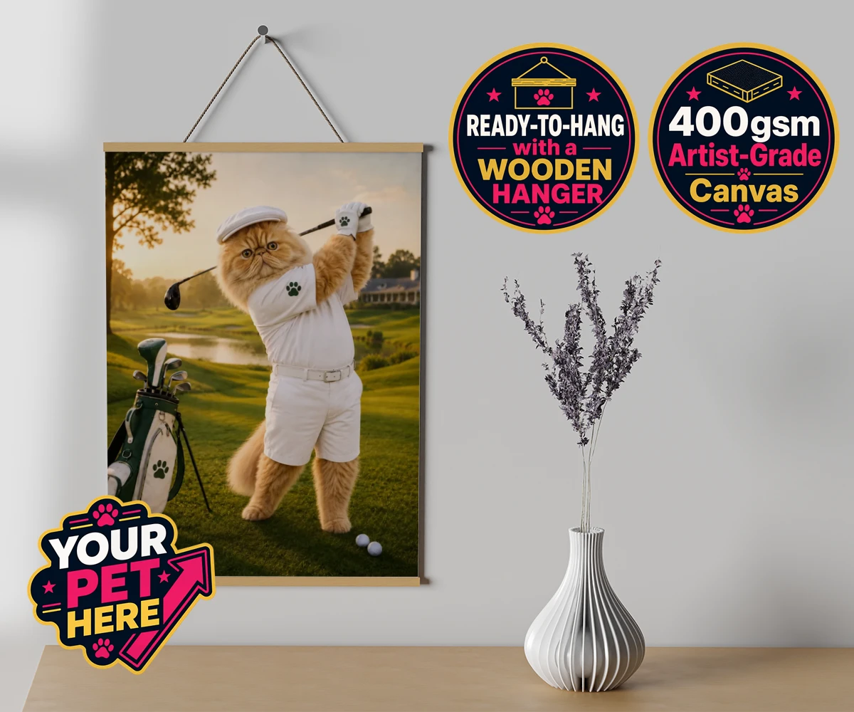 Personalised Paw Golfer cat canvas poster prints with hanger featuring meet Paw Golfer, the charming feline star of the golf course, striking