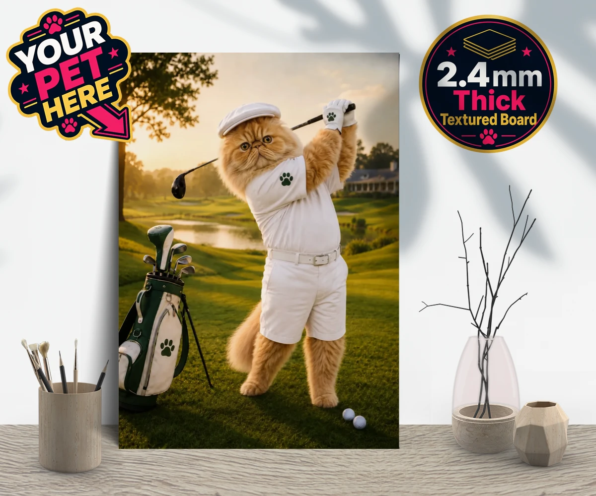 Personalised Paw Golfer cat gallery boards featuring meet Paw Golfer, the charming feline star of the golf course, striking