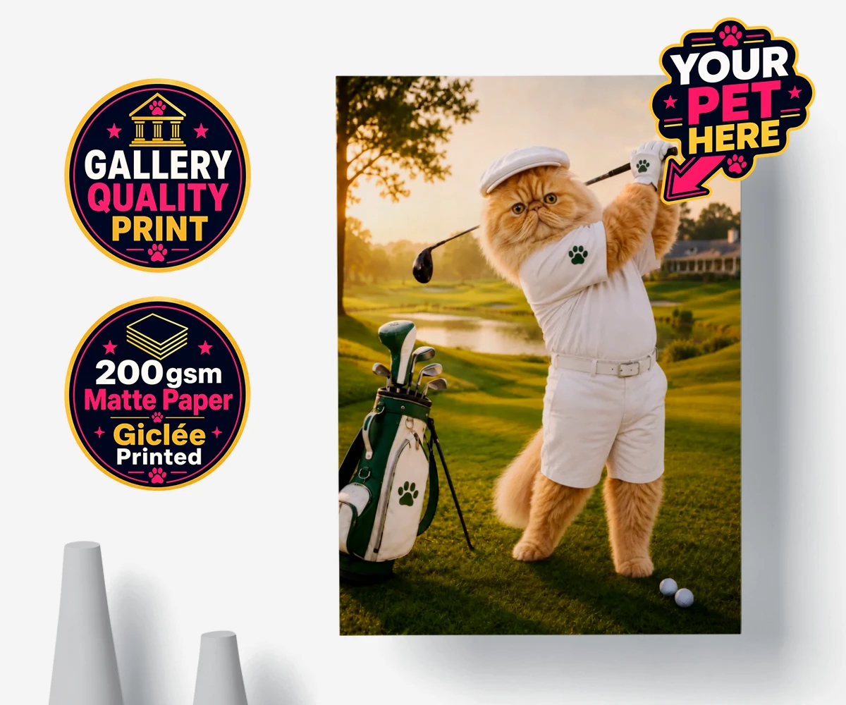 Personalised Paw Golfer cat premium poster print featuring meet Paw Golfer, the charming feline star of the golf course, striking