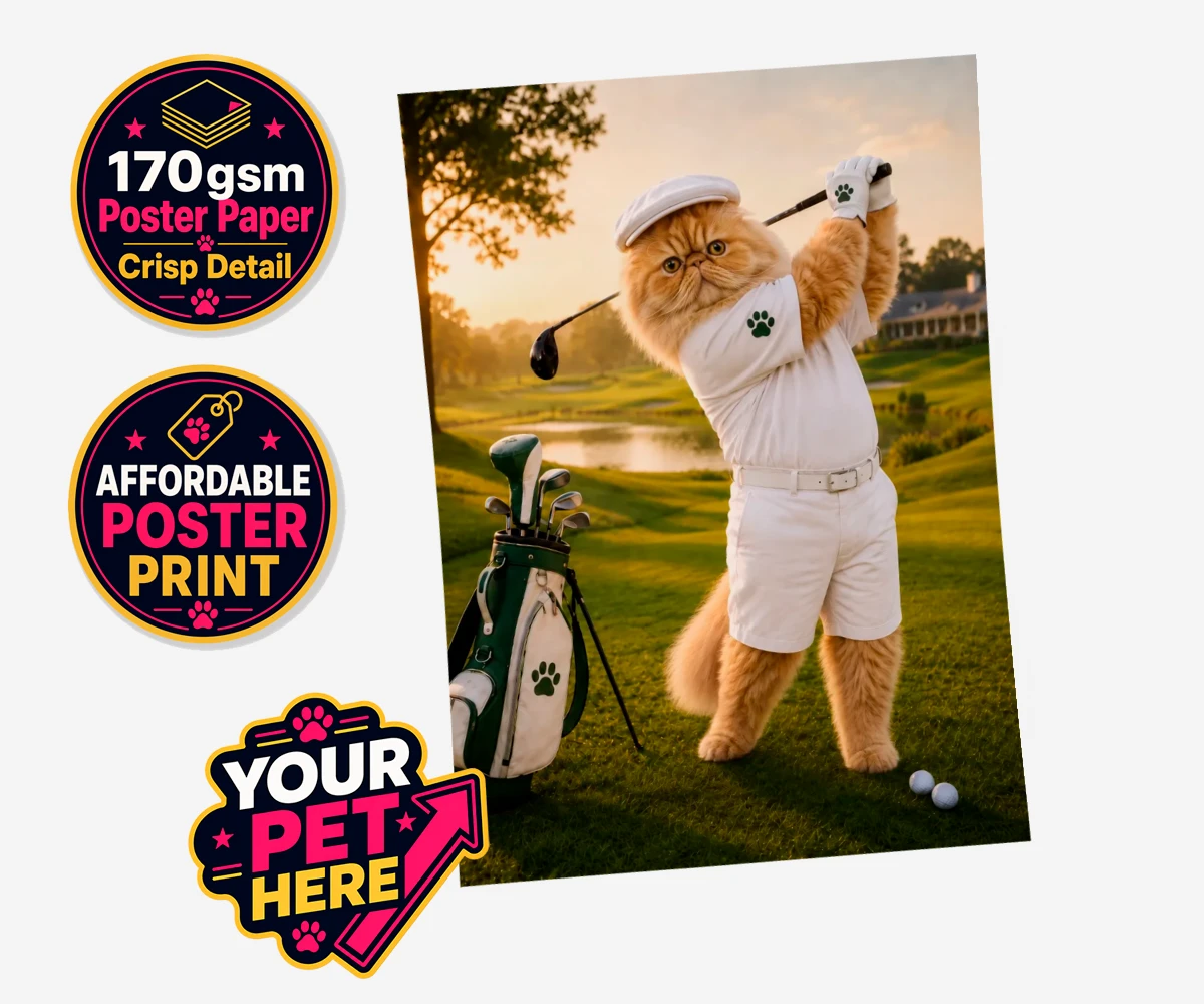 Personalised Paw Golfer cat standard poster print featuring meet Paw Golfer, the charming feline star of the golf course, striking