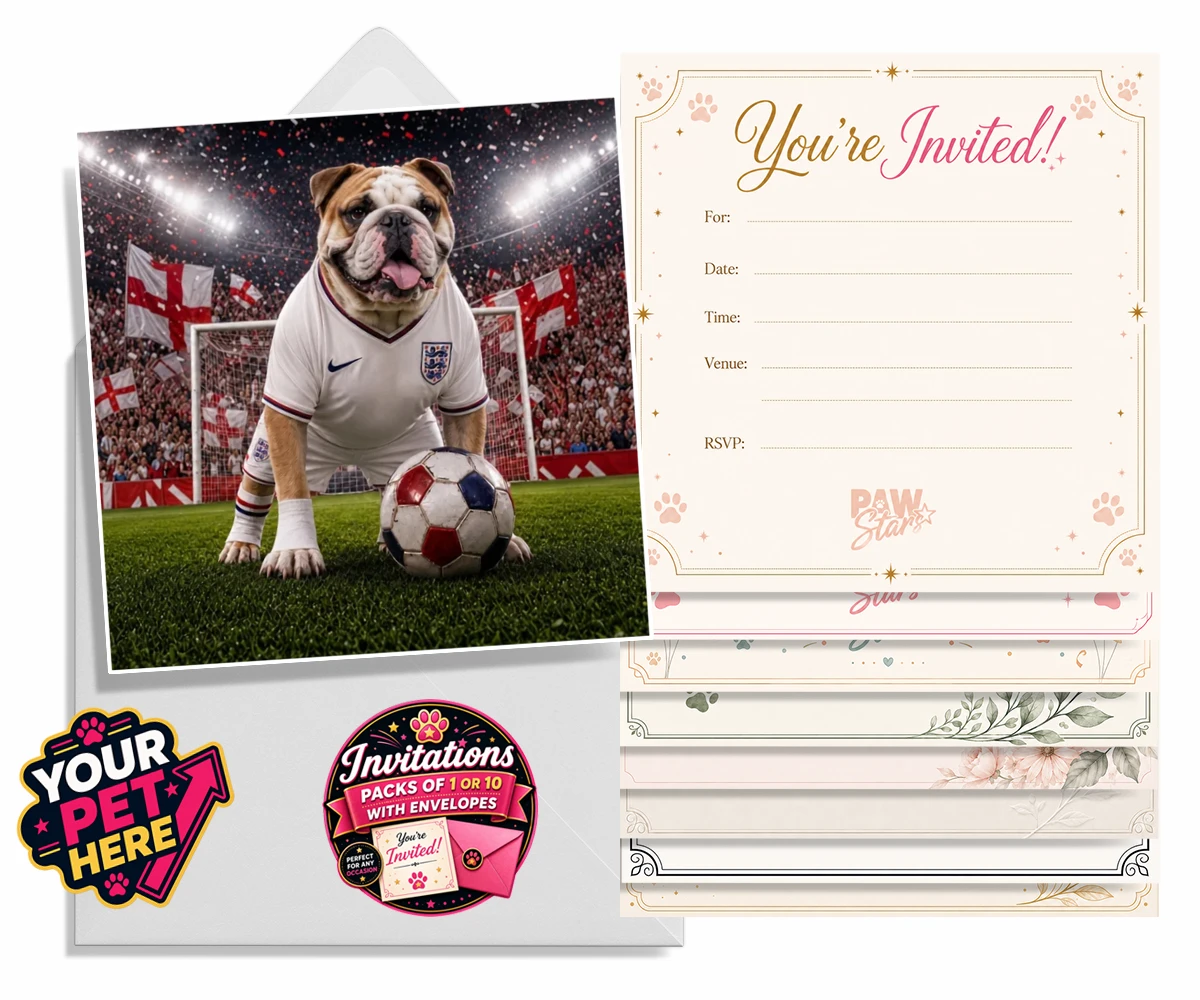 Personalised invitation featuring Football Paw Player dog in football kit with paw print emblem