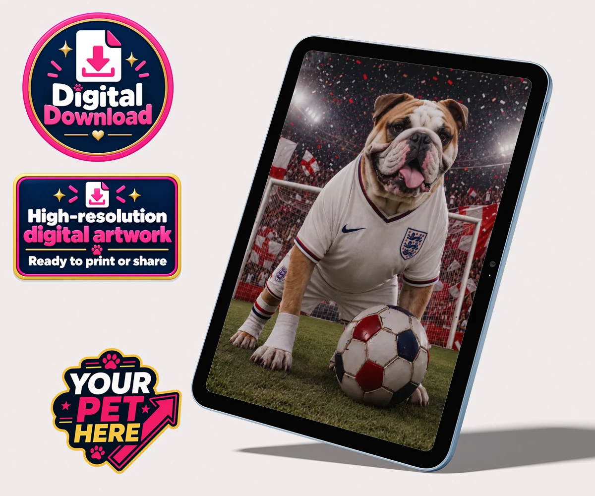 Personalised digital portrait of England Footpaw Player Dog in football kit at a stadium