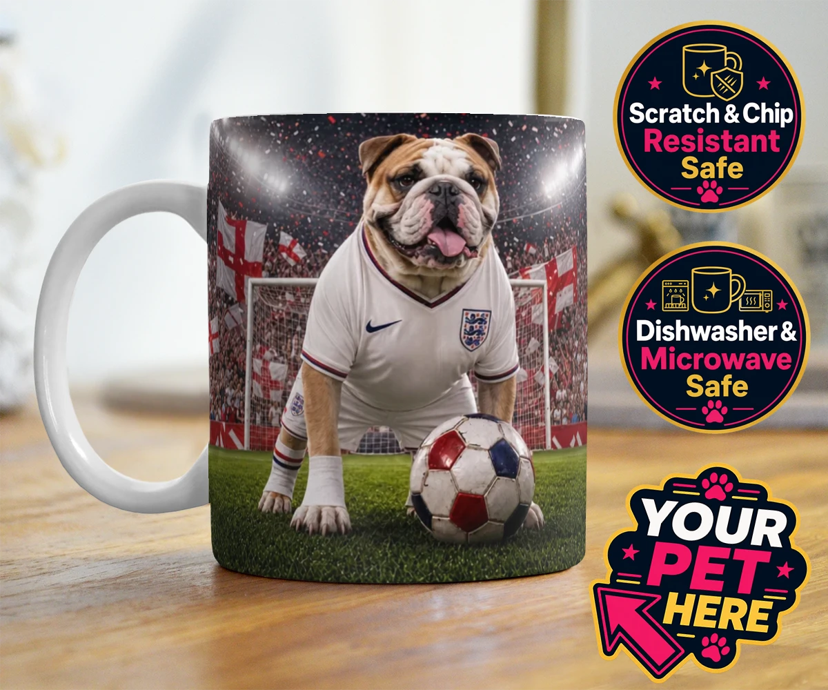 Personalised Football Paw Palyer dog photo mugs featuring a charming portrait that captures the spirit of your canine companion