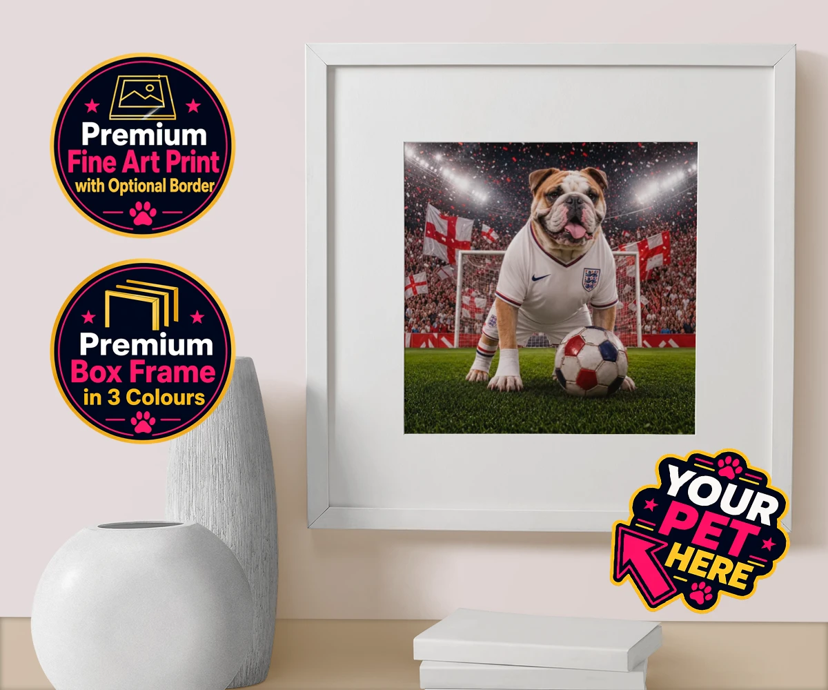 Personalised Football Paw Palyer dog box framed print featuring a charming portrait that captures the spirit of your canine companion