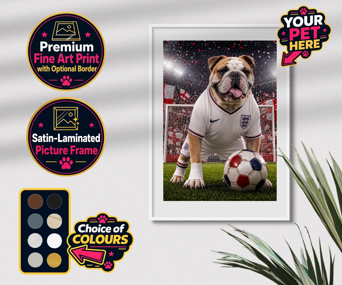 Personalised Football Paw Palyer dog premium framed print featuring a charming portrait that captures the spirit of your canine companion