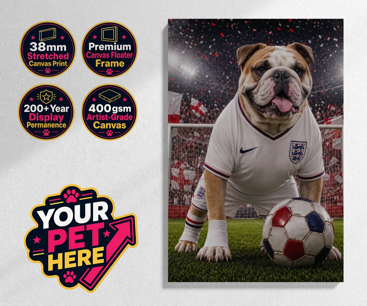 Personalised Football Paw Palyer dog stretched canvas print featuring a charming portrait that captures the spirit of your canine companion