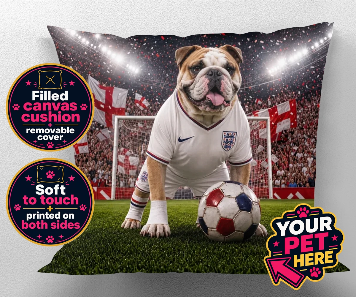 Personalised Engalnd Footpaw Player dog canvas cushions featuring a charming portrait that captures the spirit of your canine companion