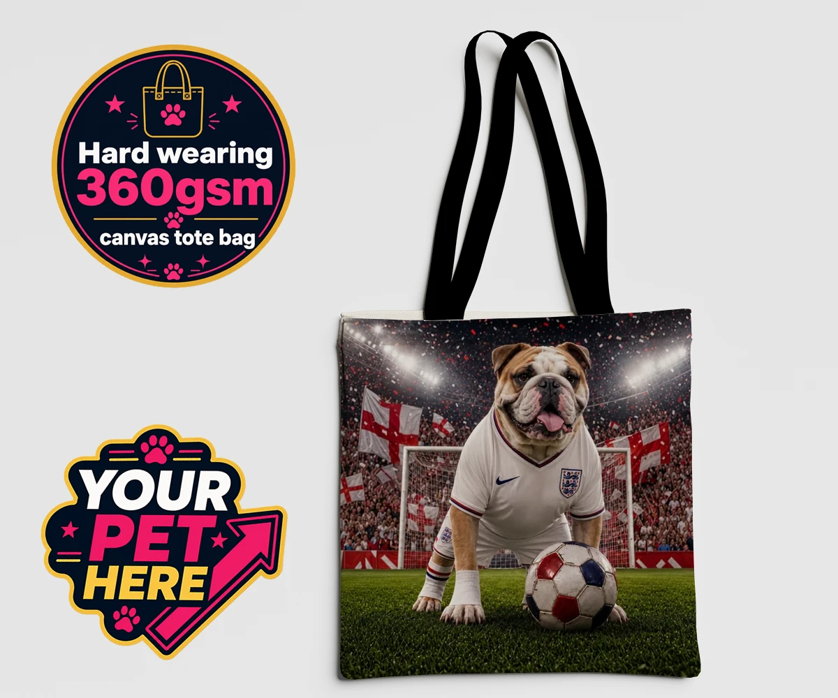 Personalised Engalnd Footpaw Player dog canvas tote bags featuring a charming portrait that captures the spirit of your canine companion