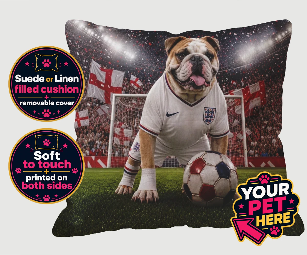 Personalised Engalnd Footpaw Player dog cushions featuring a charming portrait that captures the spirit of your canine companion