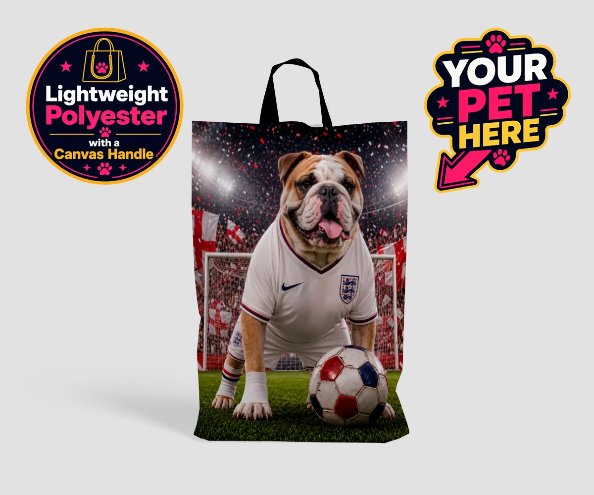 Personalised Engalnd Footpaw Player dog shopping bags featuring a charming portrait that captures the spirit of your canine companion