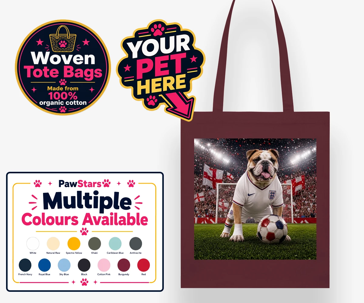 Personalised Engalnd Footpaw Player dog woven tote bags featuring a charming portrait that captures the spirit of your canine companion