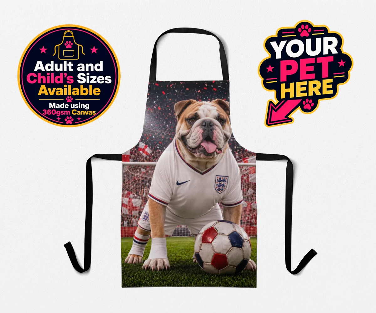 Personalised Engalnd Footpaw Player dog aprons featuring a charming portrait that captures the spirit of your canine companion