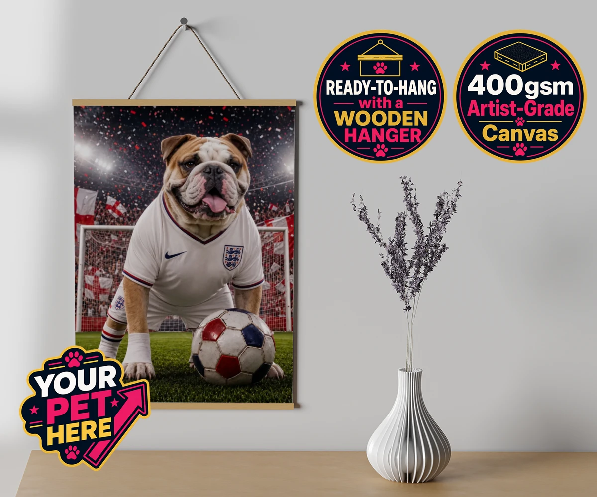 Personalised Football Paw Palyer dog canvas poster prints with hanger featuring a charming portrait that captures the spirit of your canine companion
