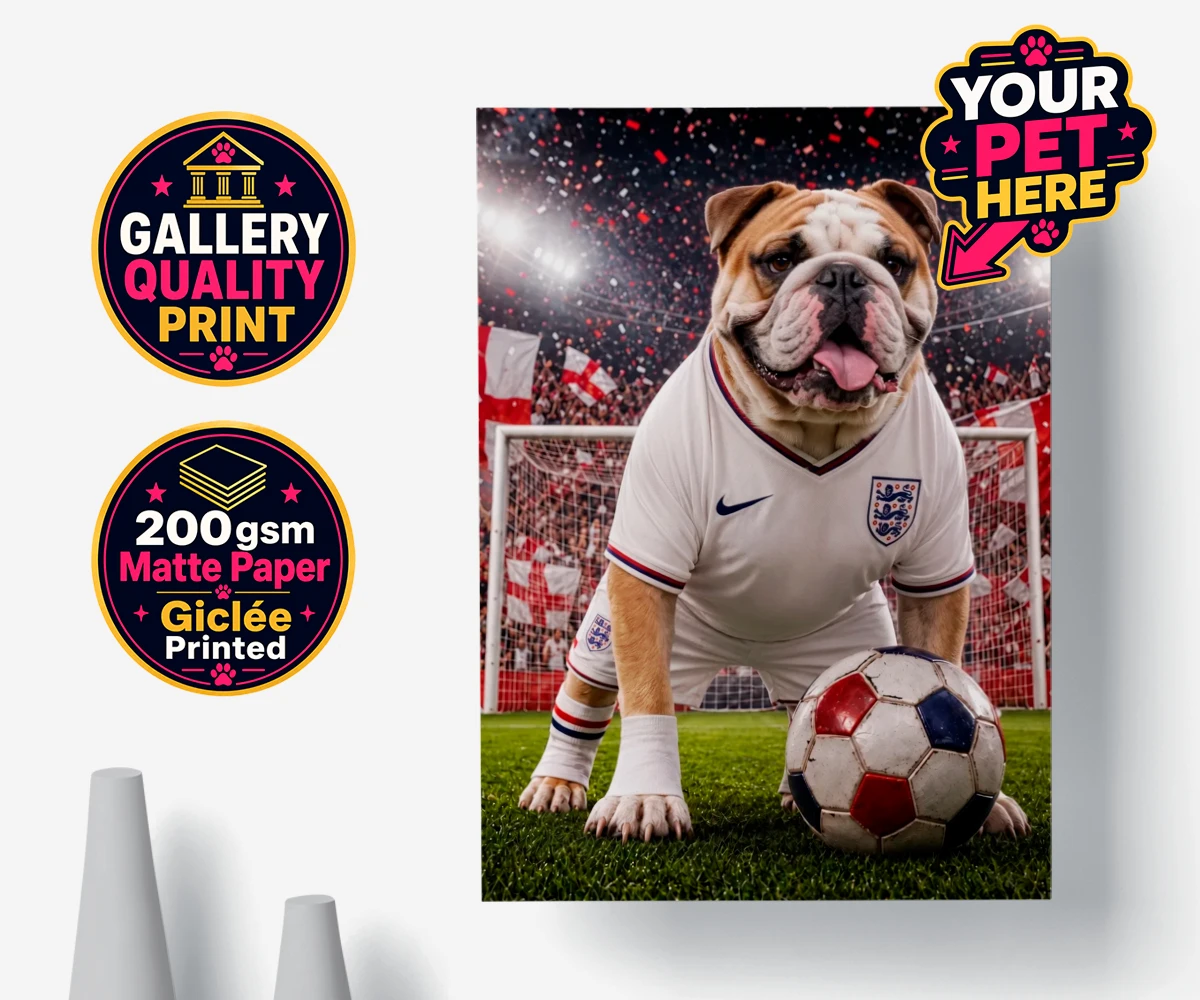 Personalised Football Paw Palyer dog premium poster print featuring a charming portrait that captures the spirit of your canine companion