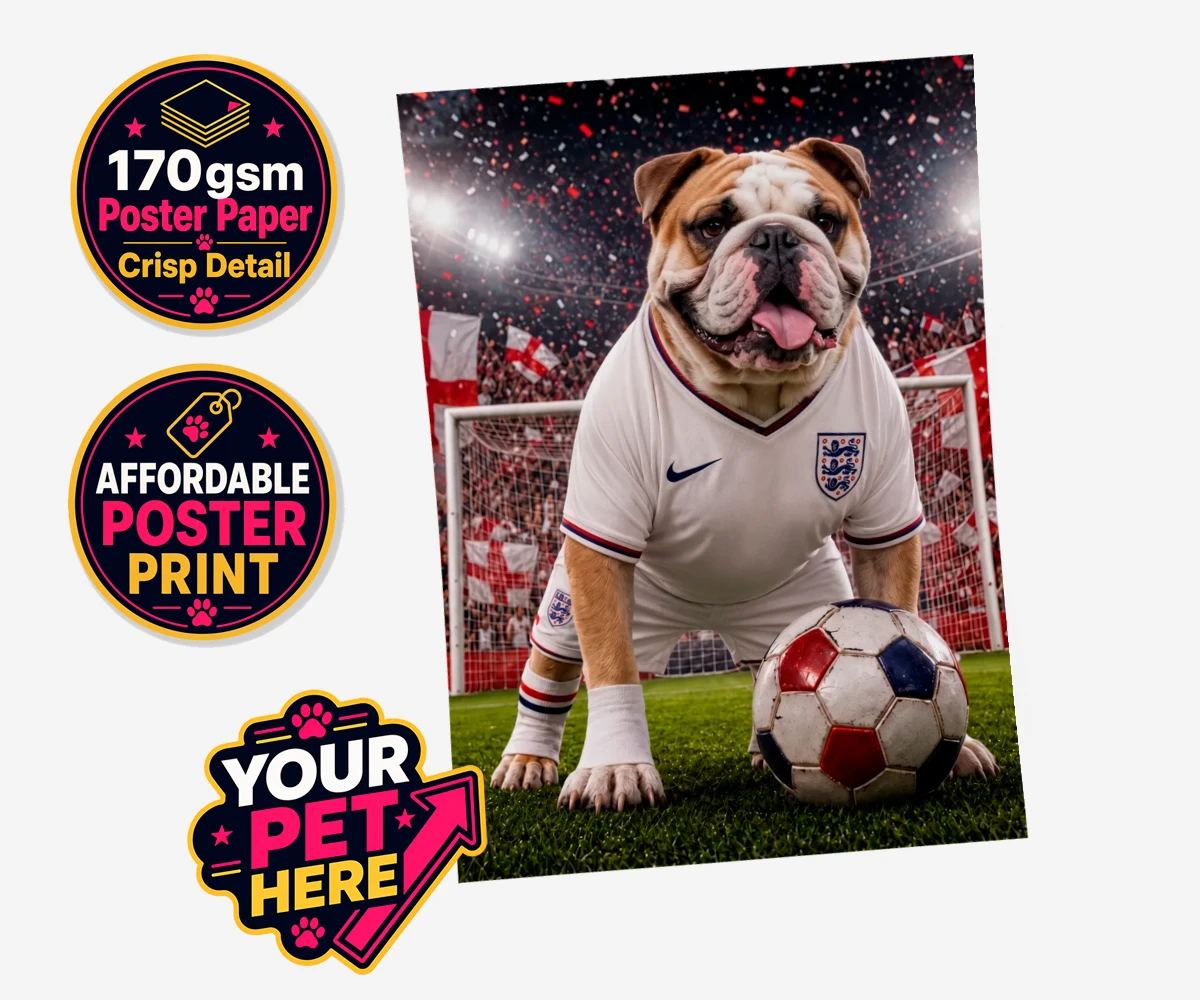 Personalised Football Paw Palyer dog standard poster print featuring a charming portrait that captures the spirit of your canine companion