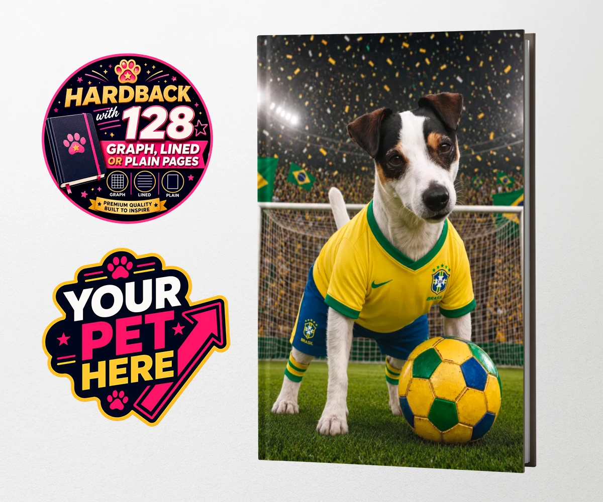 Personalised Brazil Footballer dog notebook with a dog in a yellow and green jersey