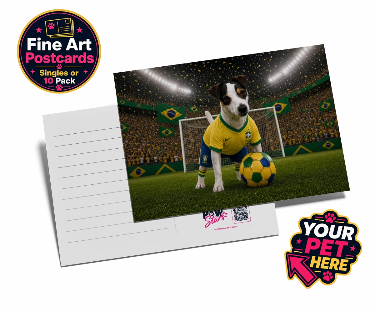 Personalised postcard featuring Brazil Footballer dog in a yellow and green jersey, set in a vibrant football stadium.
