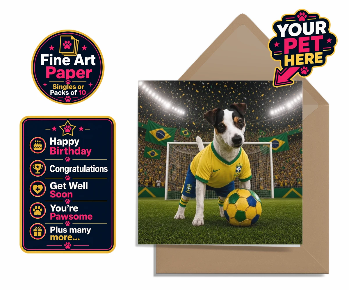 Personalised card showing Brazil Footballer dog in yellow and green jersey in a football stadium