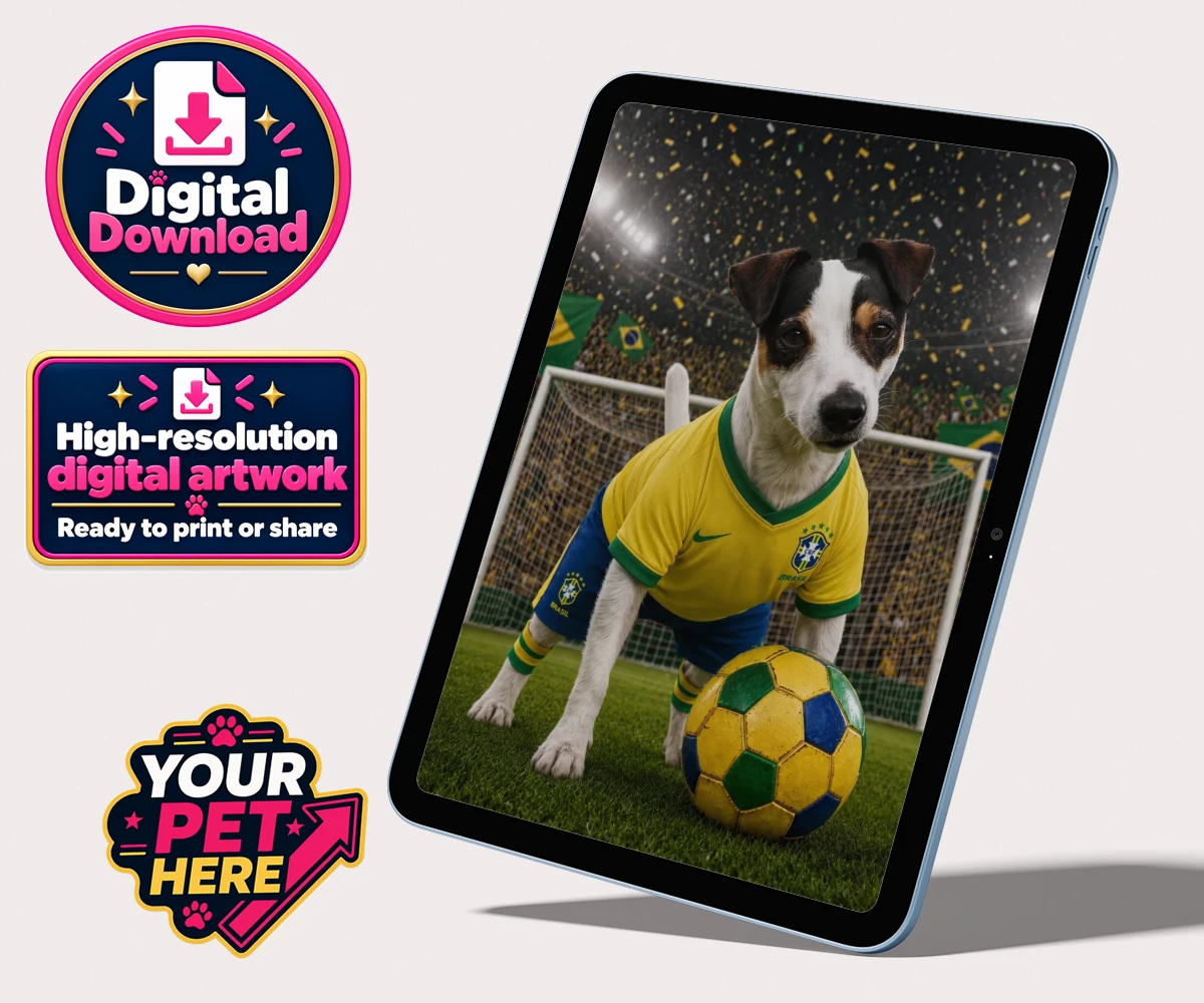Personalised Brazil Footballer dog portrait featuring a dog in a yellow and green jersey in a football stadium
