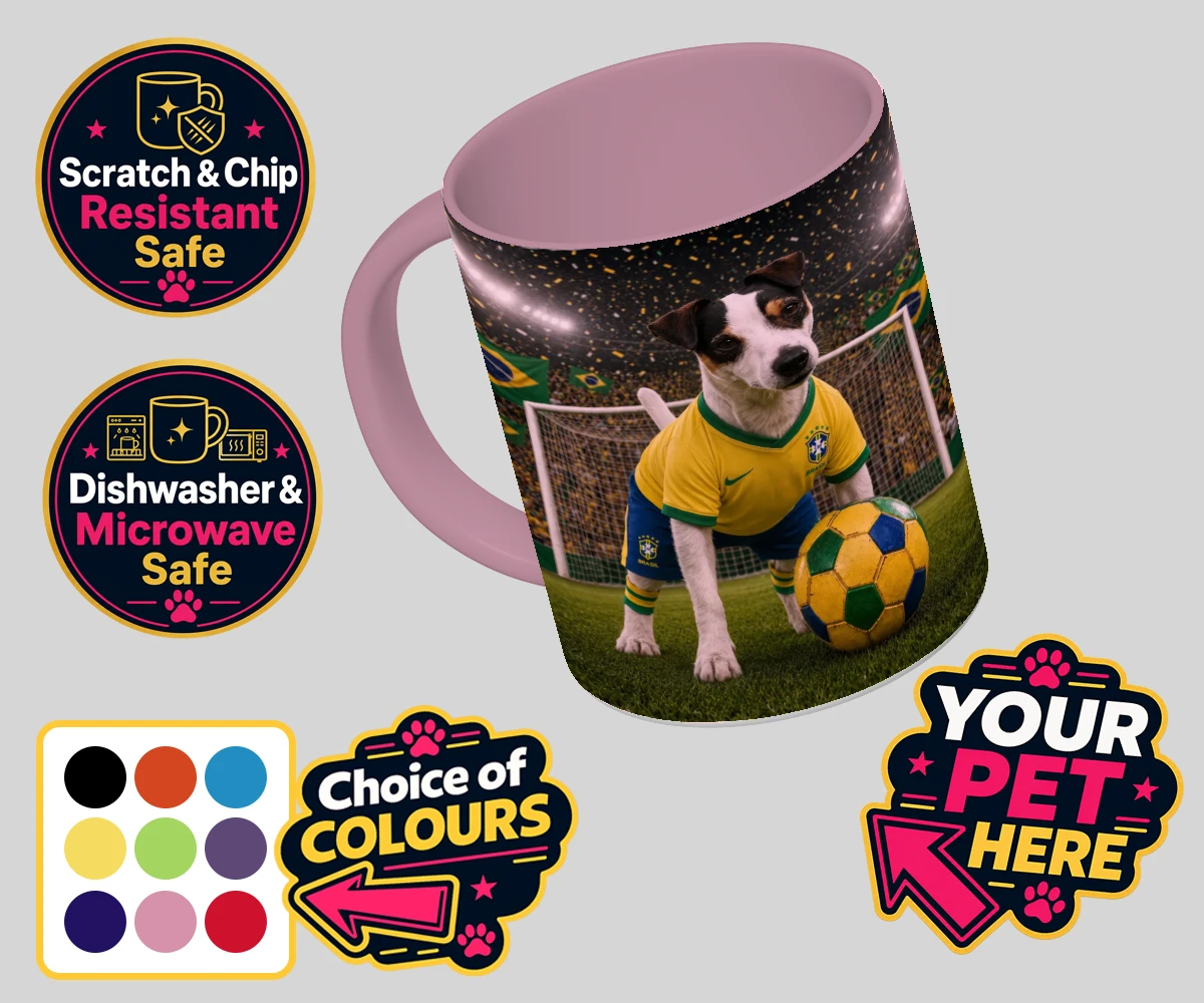 Personalised Brazil Footballer dog coloured photo mugs featuring celebrate your furry champion with the Brazil Footballer pet portrait