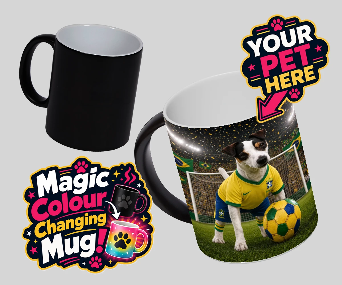 Personalised Brazil Footballer dog magic photo mugs featuring celebrate your furry champion with the Brazil Footballer pet portrait
