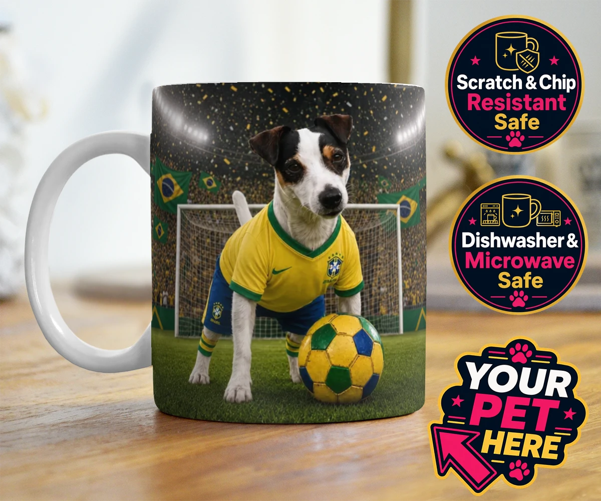 Personalised Brazil Footballer dog photo mugs featuring celebrate your furry champion with the Brazil Footballer pet portrait