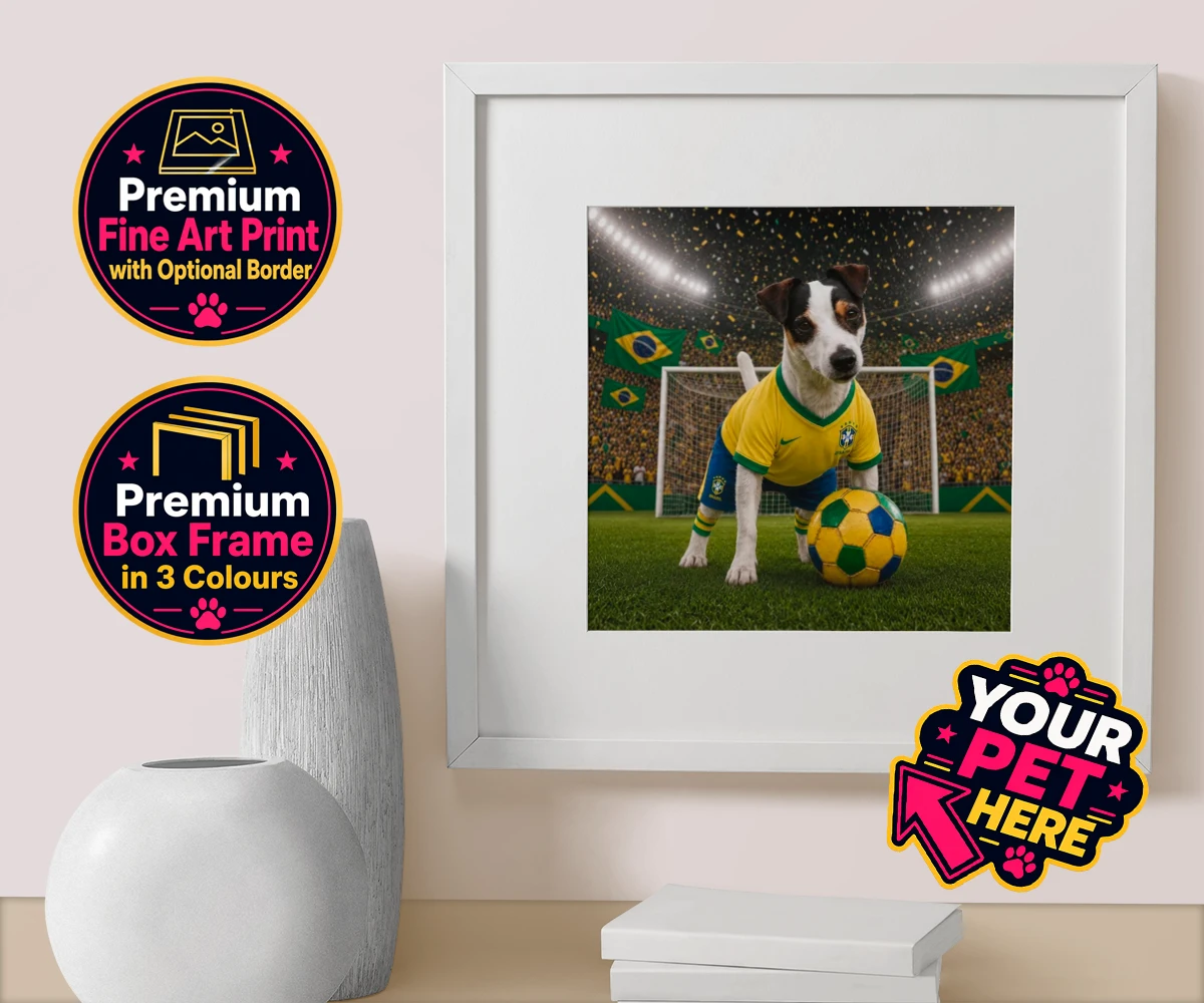 Personalised Brazil Footballer dog box framed print featuring celebrate your furry champion with the Brazil Footballer pet portrait