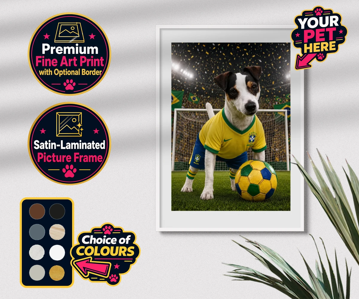 Personalised Brazil Footballer dog premium framed print featuring celebrate your furry champion with the Brazil Footballer pet portrait
