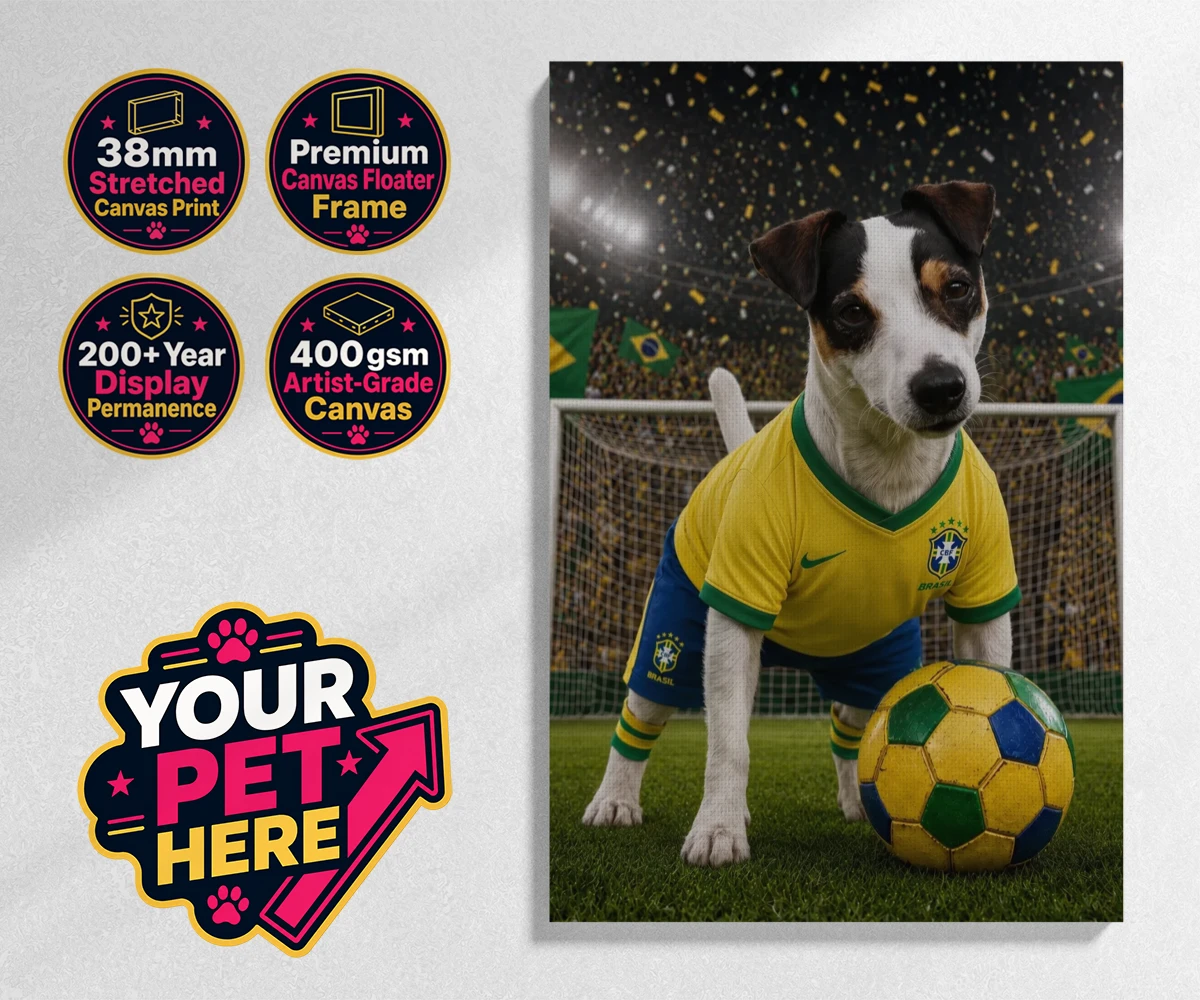Personalised Brazil Footballer dog stretched canvas print featuring celebrate your furry champion with the Brazil Footballer pet portrait