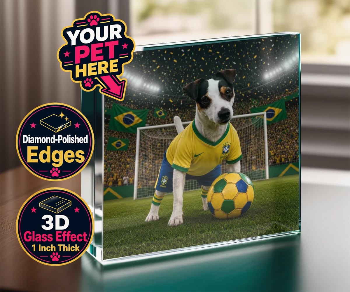 Personalised Brazil Footballer dog acrylic prisms featuring celebrate your furry champion with the Brazil Footballer pet portrait