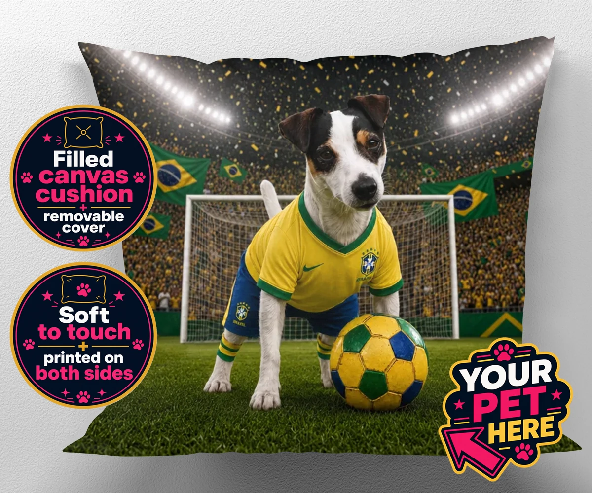 Personalised Brazil Footballer dog canvas cushion featuring a dog in a yellow and green jersey in a football stadium