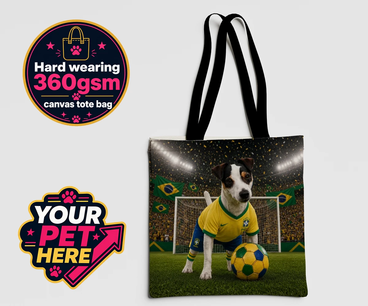 Personalised Brazil Footballer dog canvas tote bags featuring celebrate your furry champion with the Brazil Footballer pet portrait