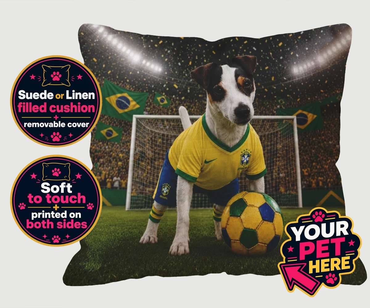 Personalised cushion featuring a Brazil Footballer dog in a yellow and green jersey with a football stadium background